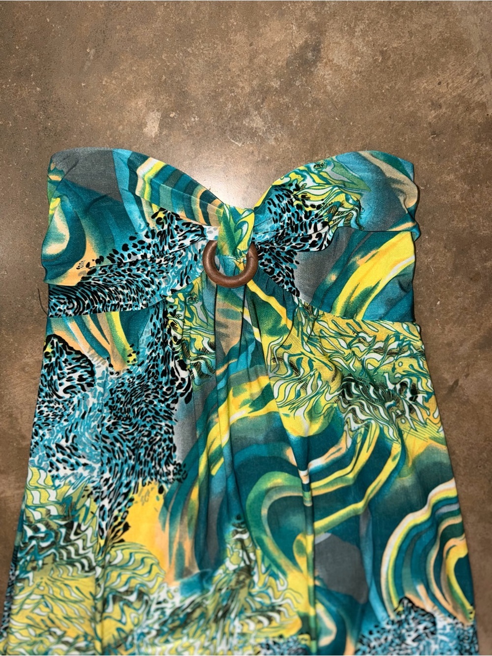 Silk Blend Strapless Tropical Midi Dress Teal Yellow Size M - Picture 3 of 8
